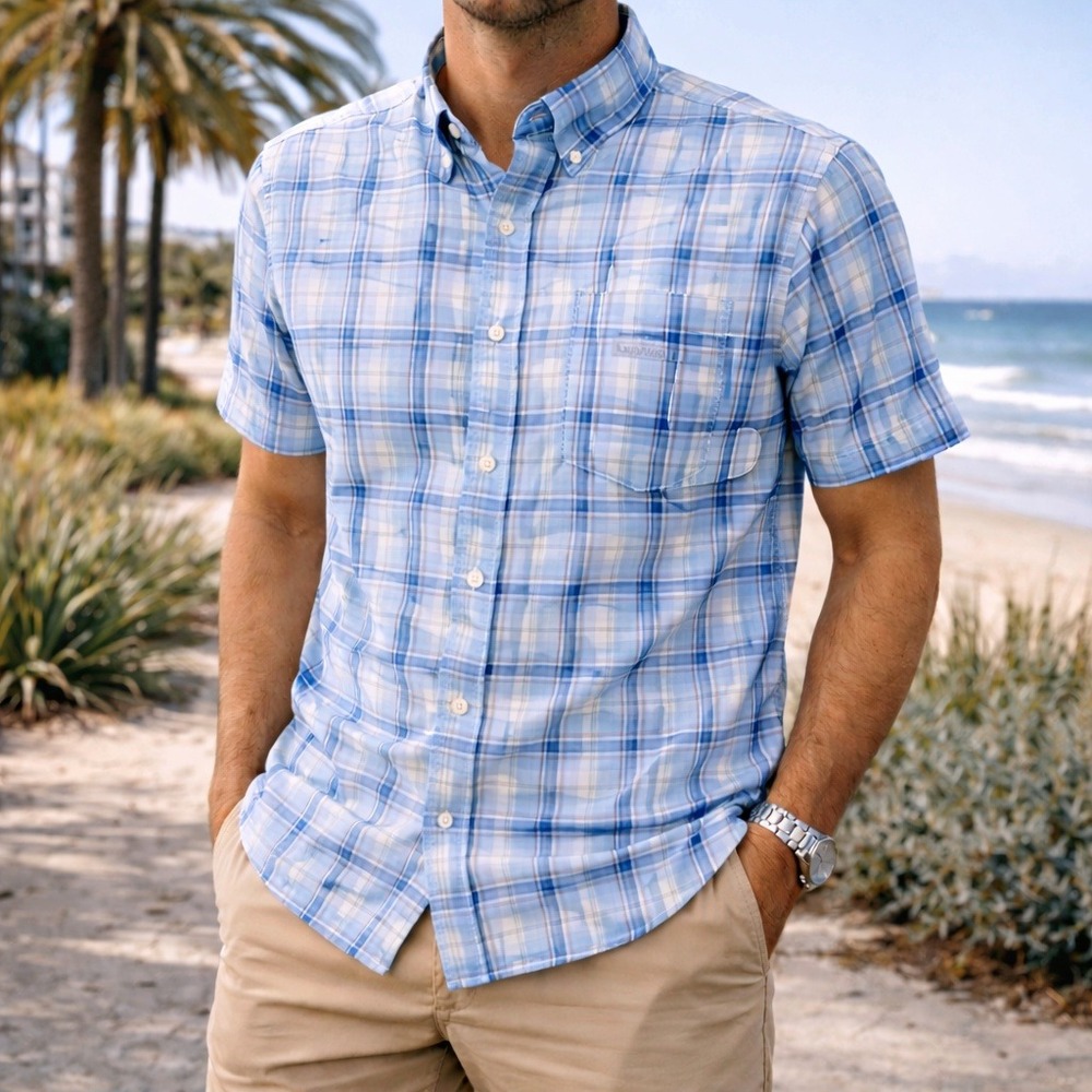 Columbia Plaid Button Down Shirt Blue White Cotton Outdoor Fishing Men's Medium